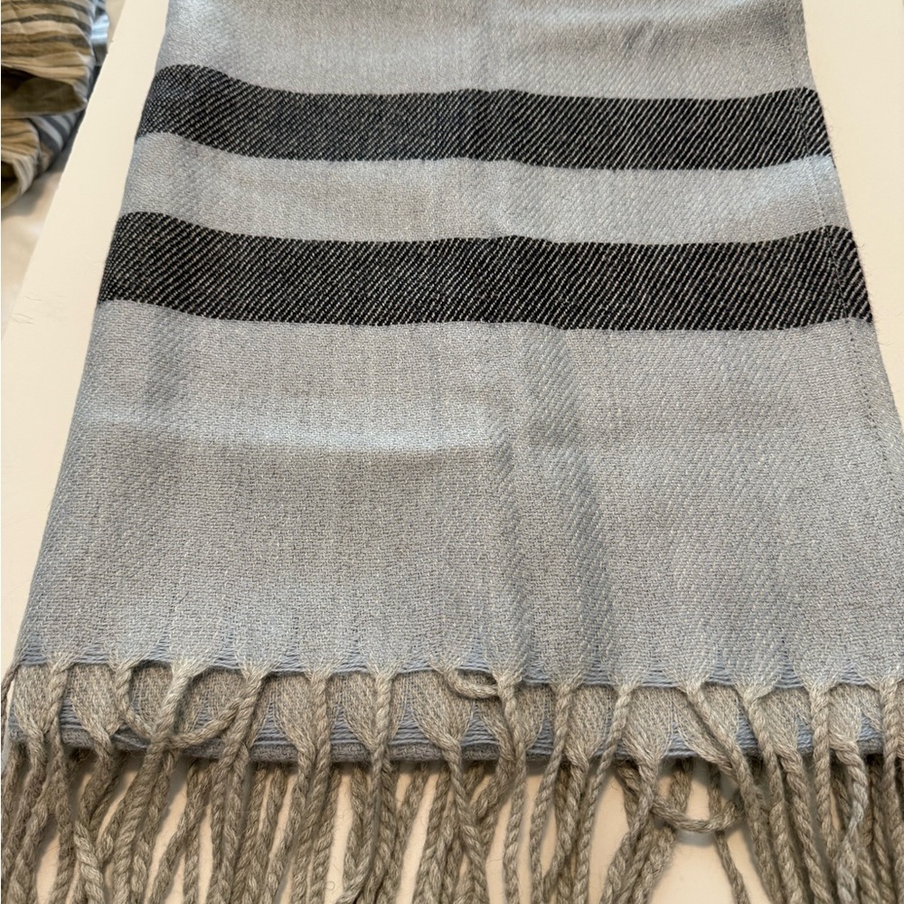 Yacana Light Gray Fringe Scarf with Black Stripes